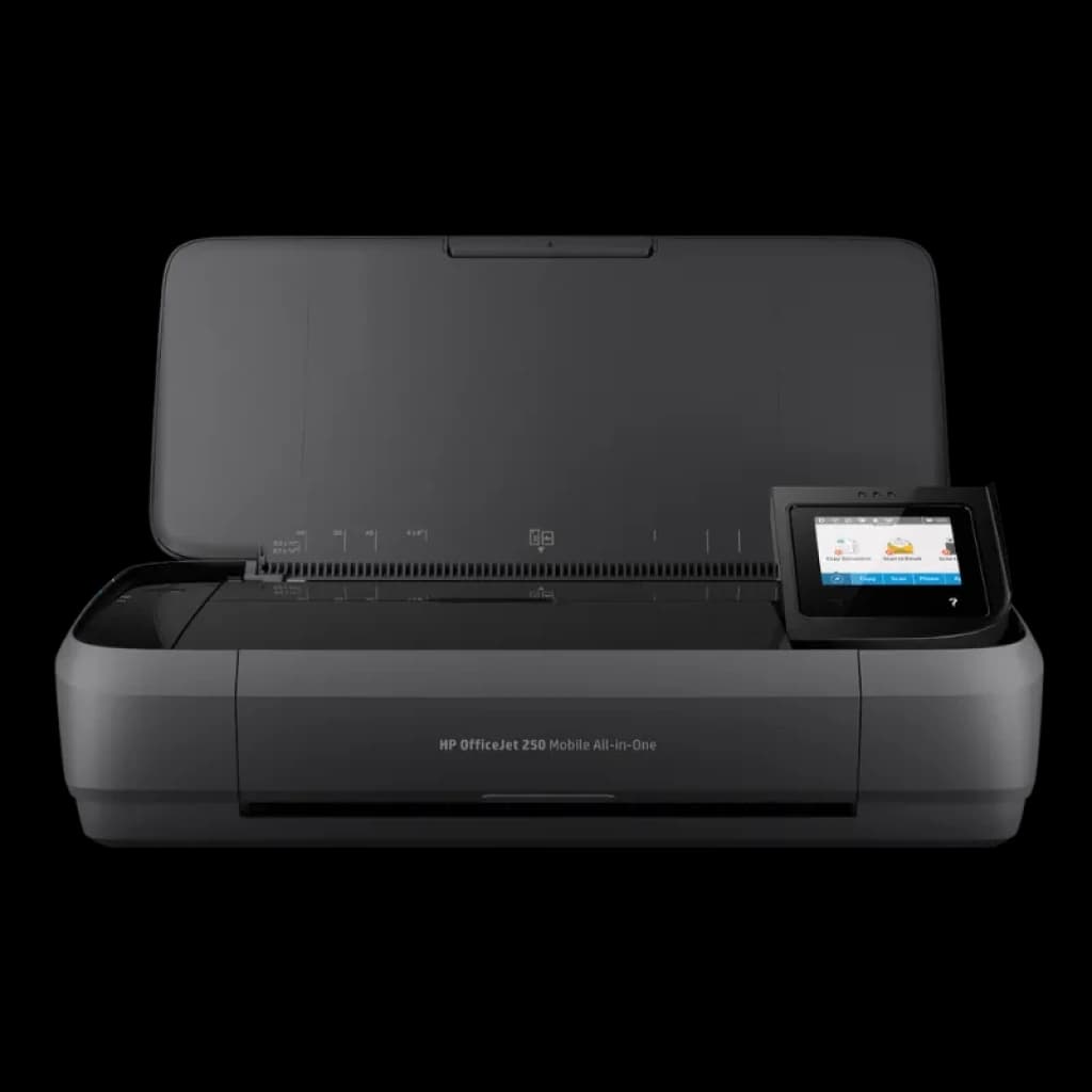 HP Officejet 250 Mobile Noir Encre couleur WiFi avec capot ouvert, bac à papier visible et écran tactile couleur sur le côté droit