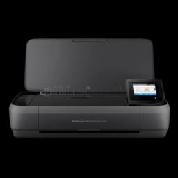 HP Officejet 250 Mobile Noir Encre couleur WiFi avec capot ouvert, bac à papier visible et écran tactile couleur sur le côté droit
