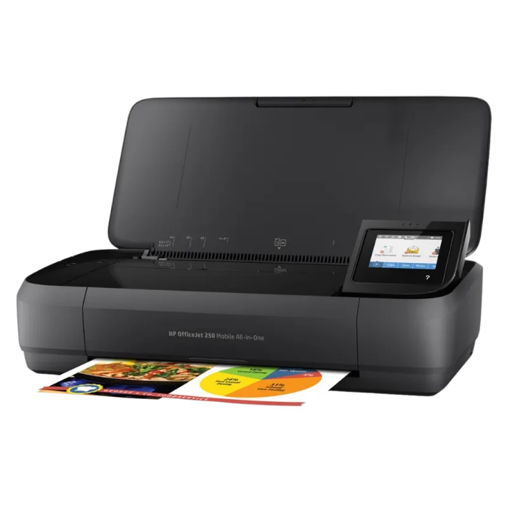 HP Officejet 250 Mobile Noir Encre couleur WiFi avec capot ouvert, bac à papier visible et écran tactile couleur sur le côté droit - Ítem1