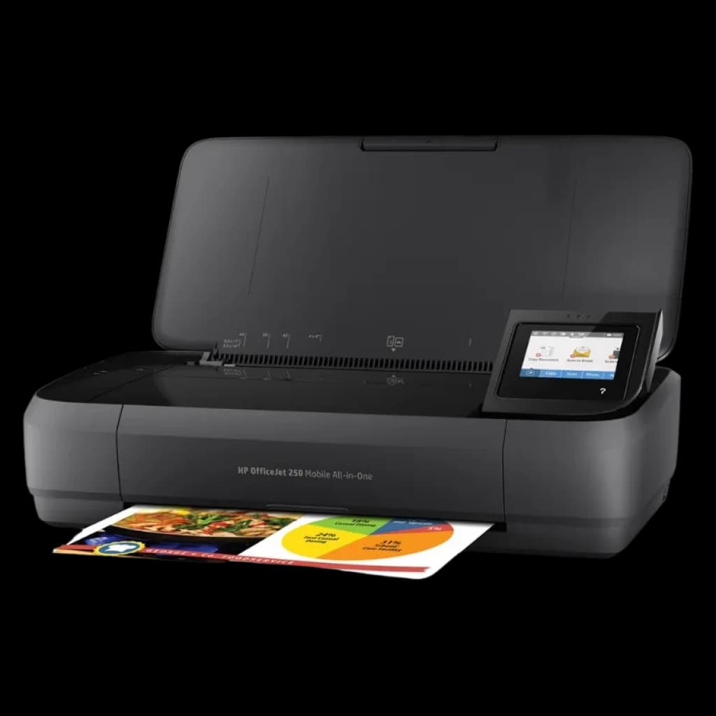 HP Officejet 250 Mobile Noir, imprimante multifonction compacte avec écran tactile couleur, capot rabattable et sortie papier ; conception portable WiFi