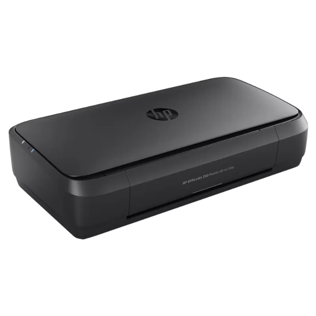 HP Officejet 250 Mobile Noir Encre couleur WiFi avec capot ouvert, bac à papier visible et écran tactile couleur sur le côté droit - Ítem2