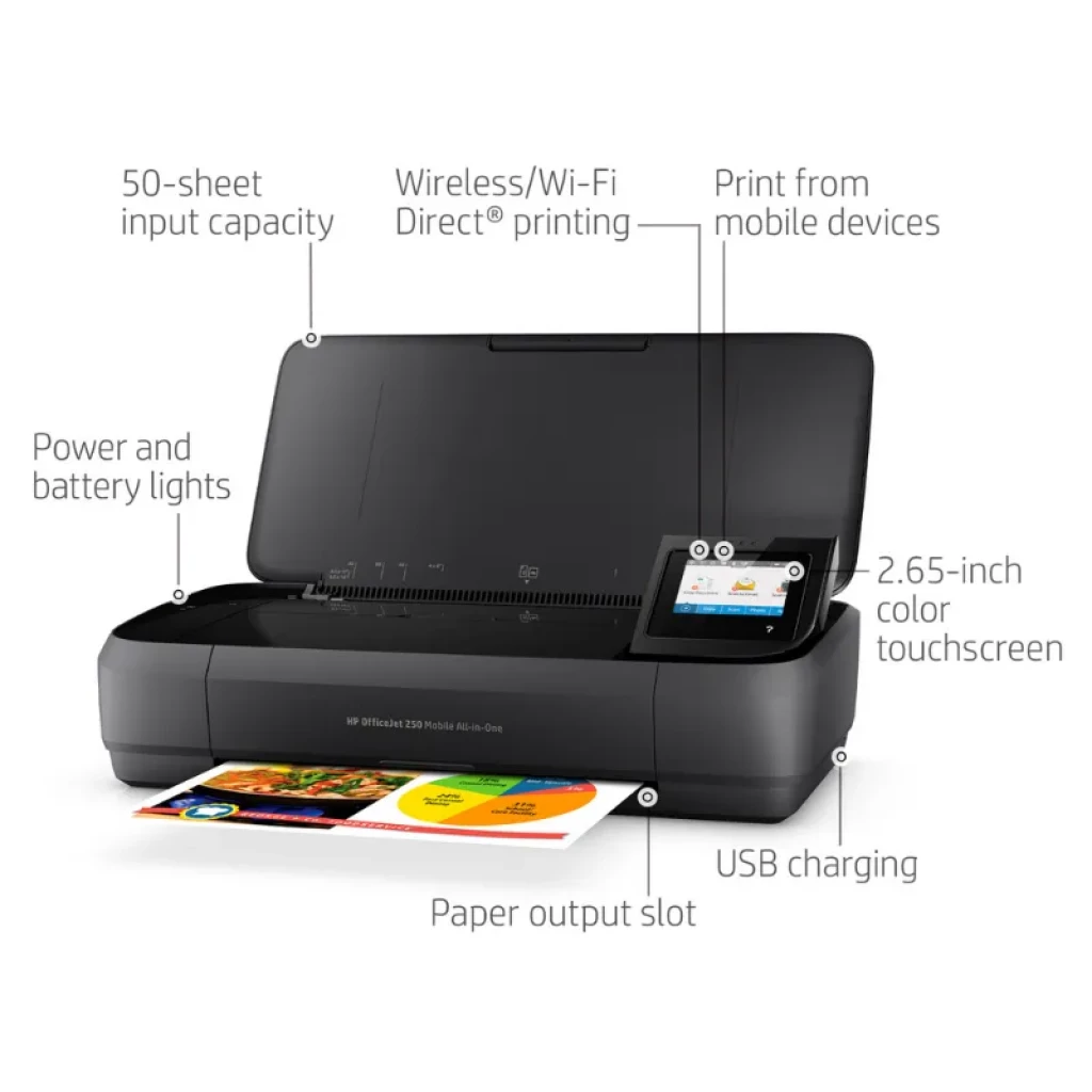 HP Officejet 250 Mobile Noir Encre couleur WiFi avec capot ouvert, bac à papier visible et écran tactile couleur sur le côté droit - Ítem3
