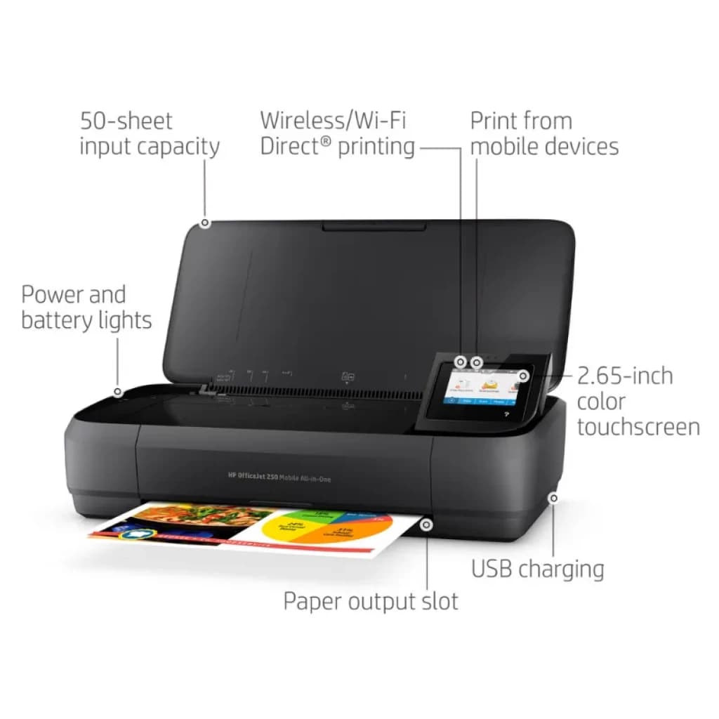 HP Officejet 250 Mobile Noir : imprimante multifonction compacte avec écran tactile 2,65 pouces, WiFi Direct, chargement USB, bac de 50 feuilles et sortie papier frontale