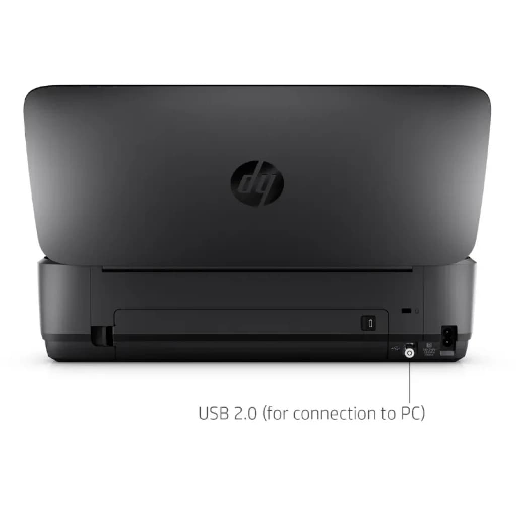 HP Officejet 250 Mobile Noir Encre couleur WiFi avec capot rabattable, finition mate, port USB 2.0 à l'arrière et bouton d'alimentation ; conception compacte et portable