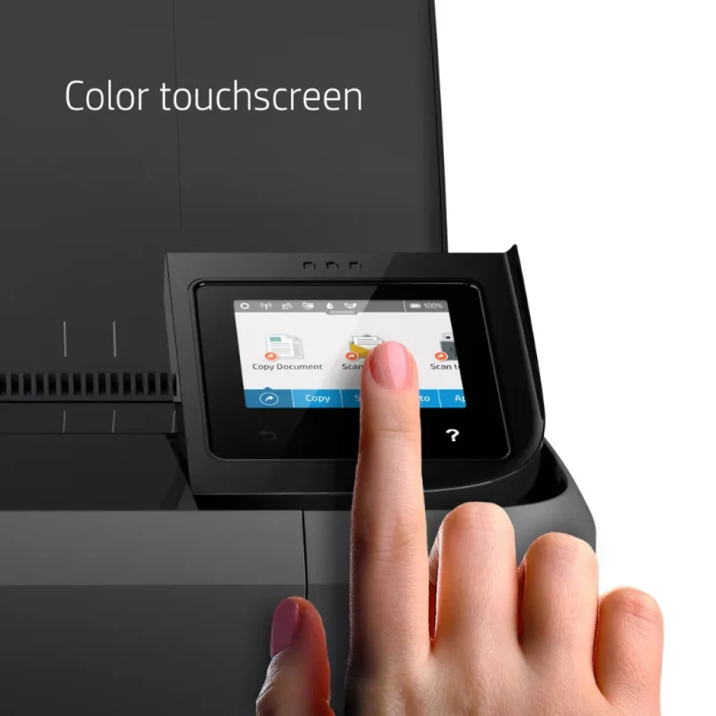 HP Officejet 250 Mobile Noir Encre couleur WiFi avec capot ouvert, bac à papier visible et écran tactile couleur sur le côté droit - Ítem5