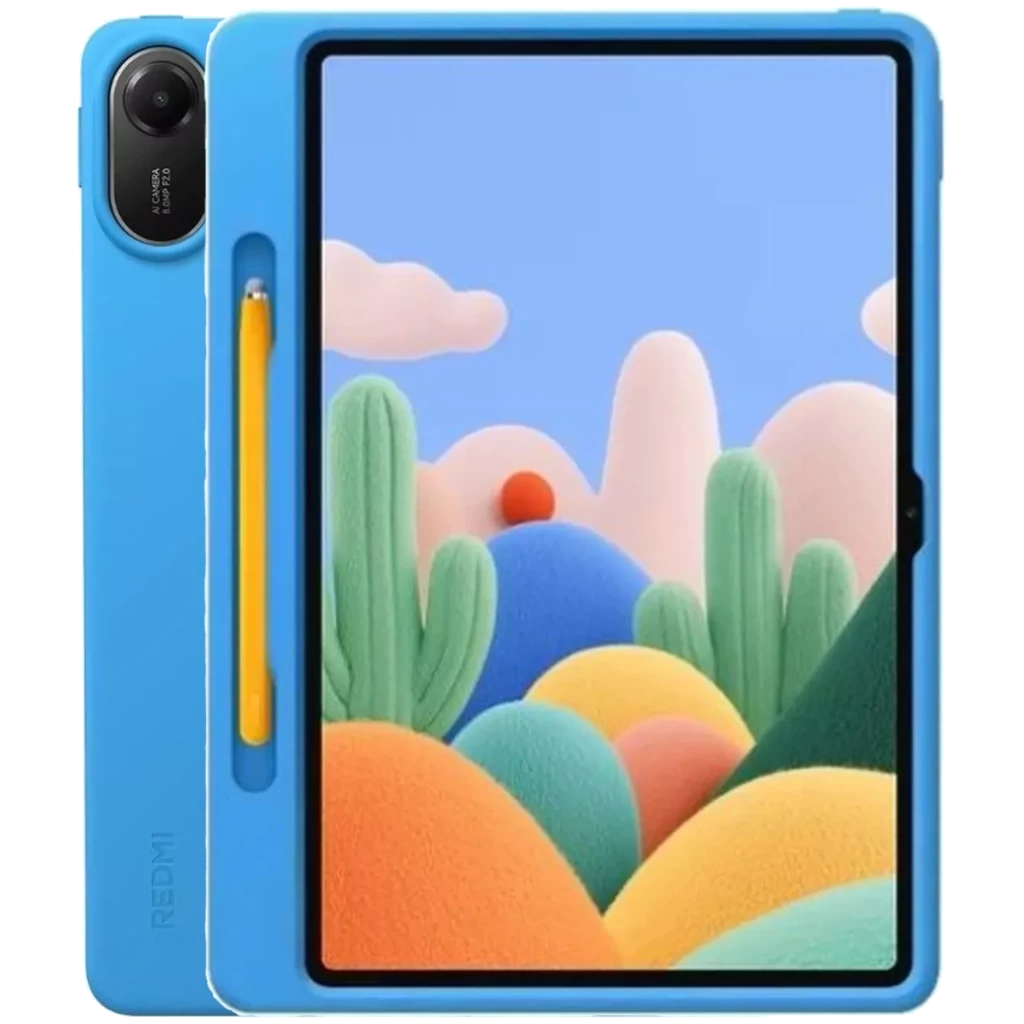 Tablet azul con funda a juego y Pen Stylus amarillo lateral, pantalla grande con bordes finos, cámara trasera única en módulo ovalado, diseño moderno - Ítem