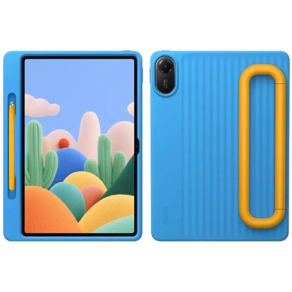 Tablet azul con funda a juego y Pen Stylus amarillo lateral, pantalla grande con bordes finos, cámara trasera única en módulo ovalado, diseño moderno - Ítem1