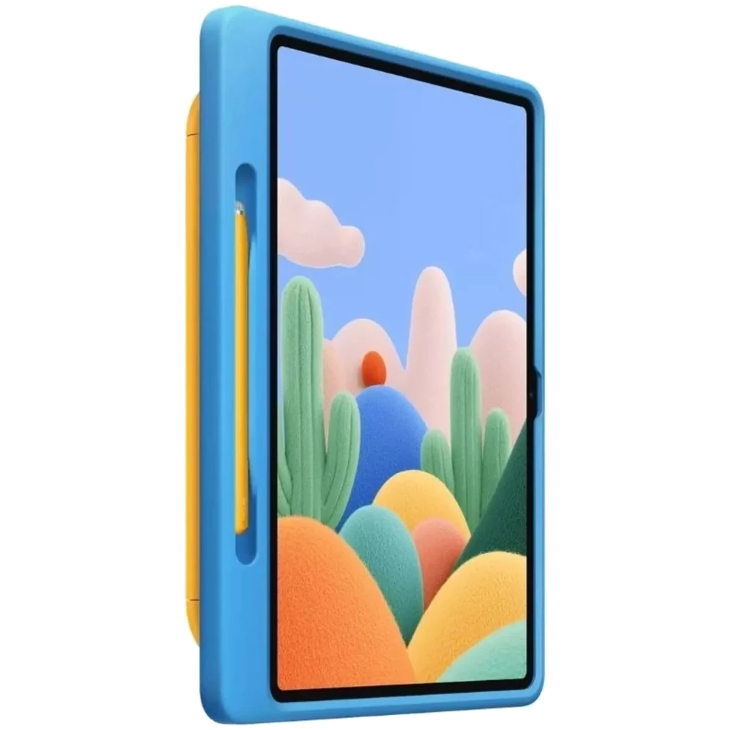 Tablet azul con funda a juego y Pen Stylus amarillo lateral, pantalla grande con bordes finos, cámara trasera única en módulo ovalado, diseño moderno - Ítem3