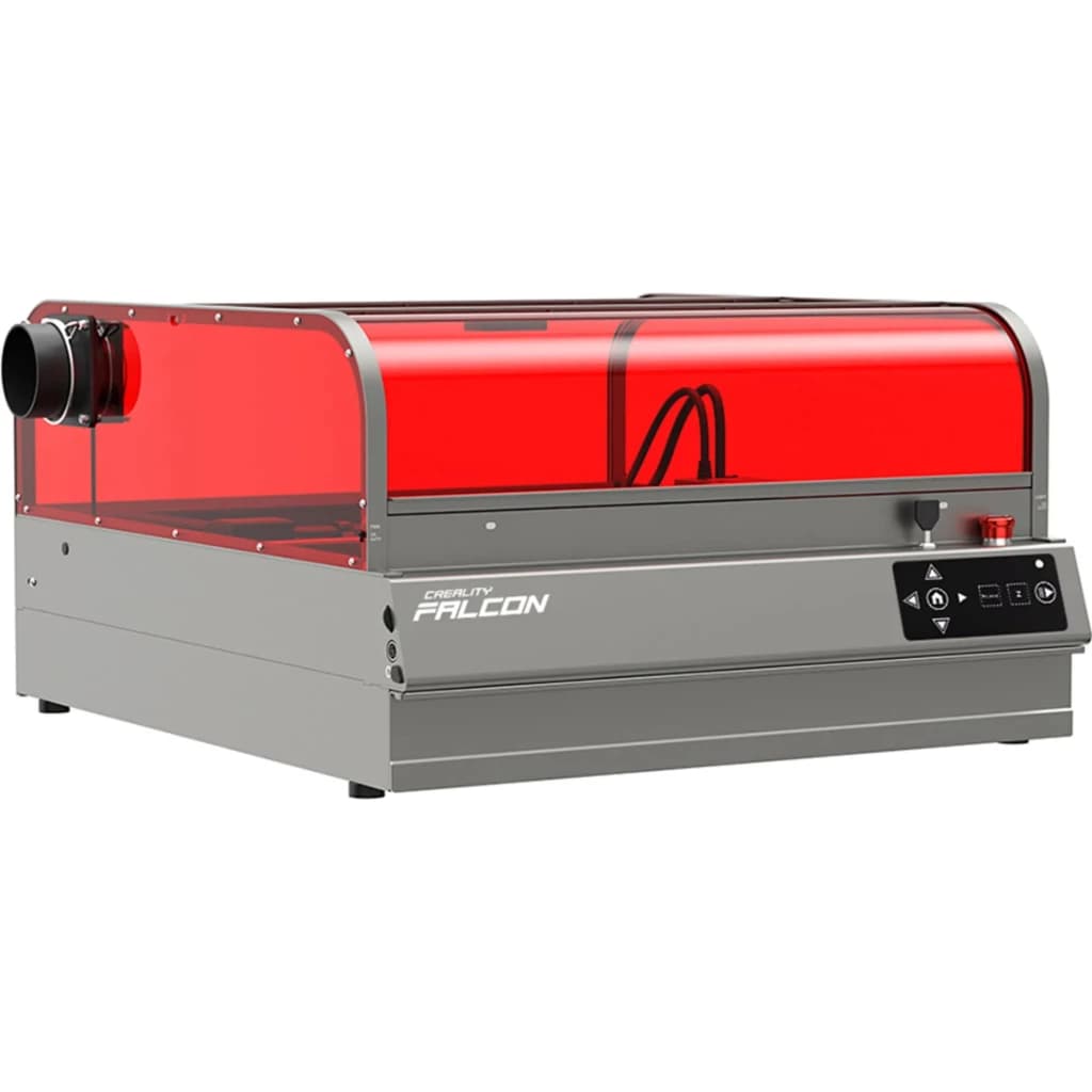 Graveur Creality Falcon2 Pro S 22W avec capot rouge protecteur, châssis métal gris, panneau de contrôle frontal et module d’extraction latéral