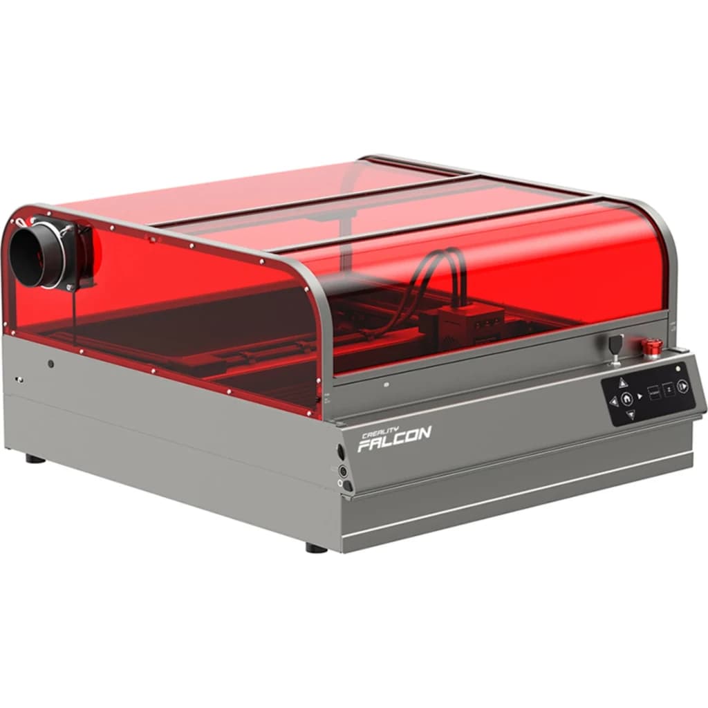 Graveur Creality Falcon2 Pro S 22W avec capot rouge translucide, châssis métal gris, panneau de contrôle latéral et module laser protégé