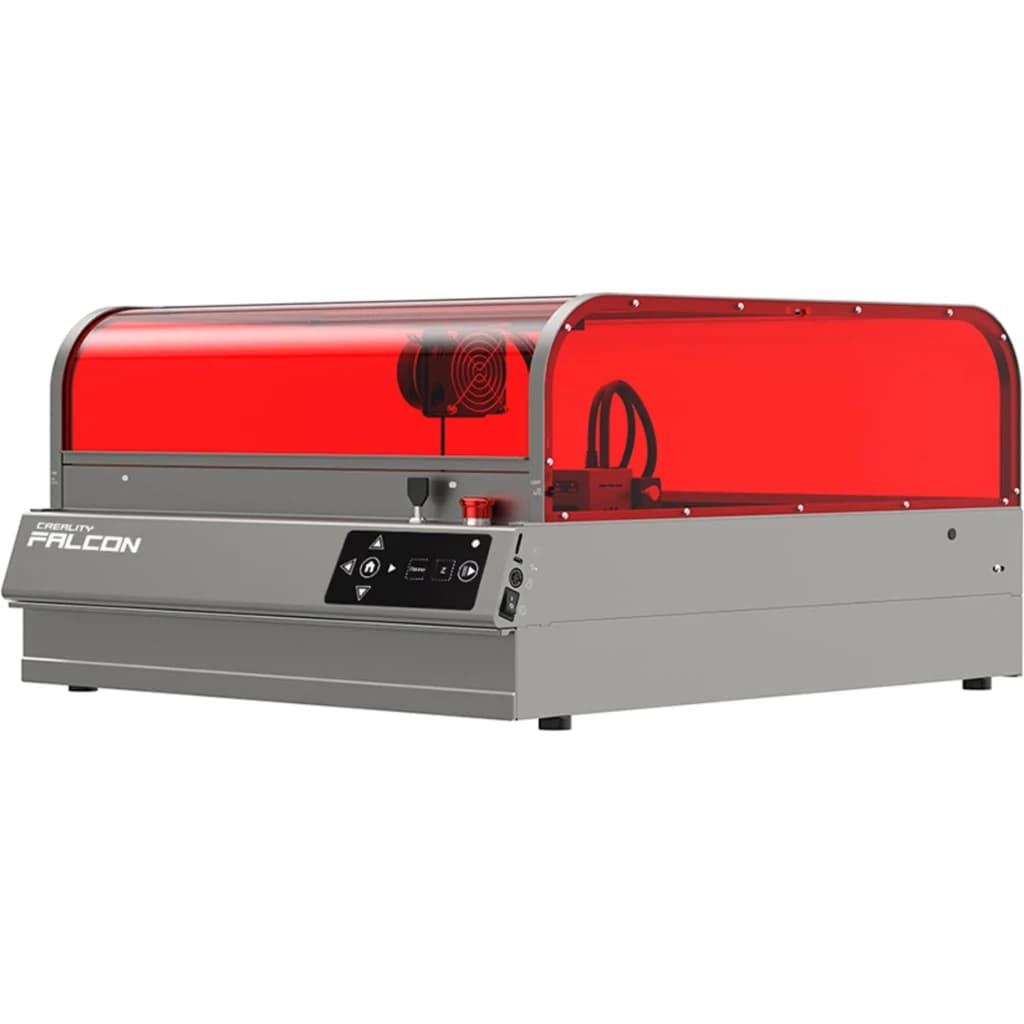 Graveur Creality Falcon2 Pro S 22W avec capot rouge translucide, châssis métallique gris, panneau de contrôle frontal et ventilateur intégré pour gravure