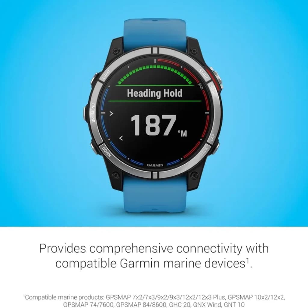 Garmin quatix 7 Standard Edition, relógio náutico com GPS, mostrador redondo, tela colorida, aro metálico, botão vermelho e pulseira azul
