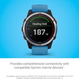Garmin quatix 7 Standard Edition, relógio náutico com GPS, mostrador redondo, tela colorida, aro metálico, botão vermelho e pulseira azul