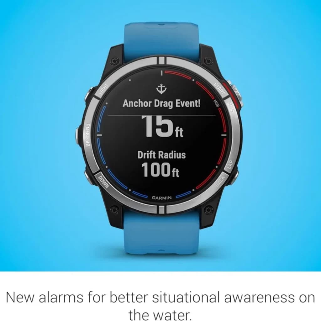 Garmin quatix 7 Standard Edition relógio náutico com GPS, mostrador preto com alertas de ancoragem 15 ft e 100 ft, moldura robusta e pulseira azul