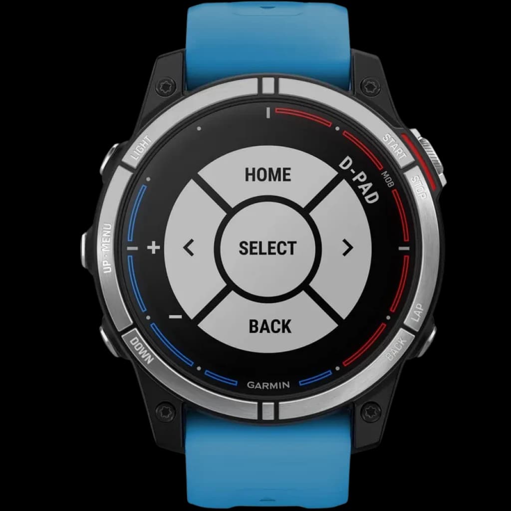 Garmin quatix 7 Standard Edition, relógio náutico com GPS, caixa preta e aro prateado, tela circular com botões laterais e pulseira azul vibrante