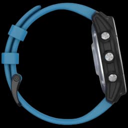 Garmin quatix 7 Standard Edition com pulseira azul e fecho preto; caixa robusta e três botões laterais prateados, perfil esportivo e resistente para uso