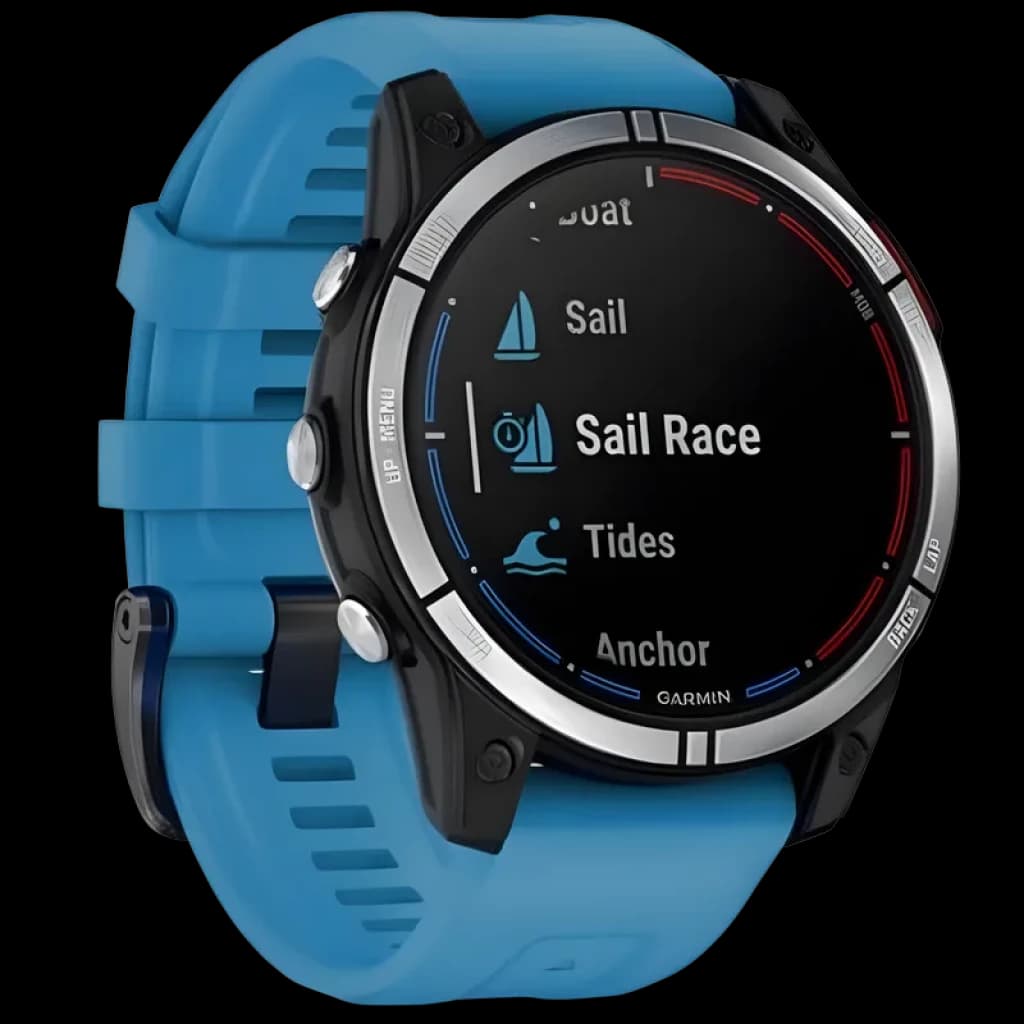 Garmin quatix 7 Standard Edition, relógio náutico com tela redonda, caixa preta e pulseira azul; mostrador com modos Sail Race, Tides e Anchor