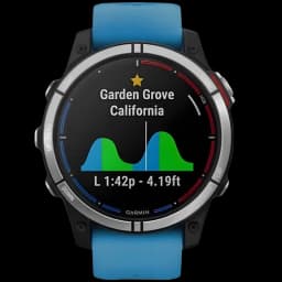 Garmin quatix 7 Standard Edition com tela circular colorida, mostrador náutico com marés e localização, caixa robusta preta e pulseira azul vibrante