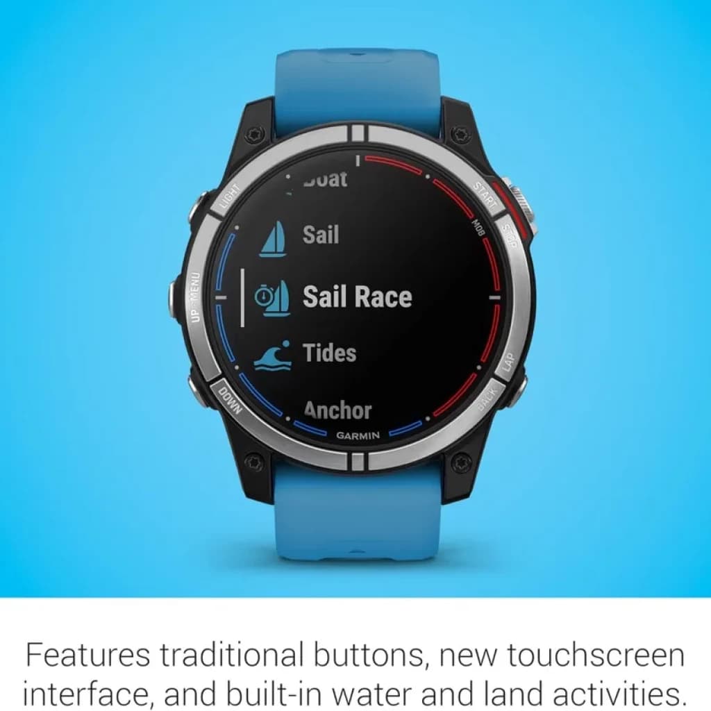 Garmin quatix 7 Standard Edition, relógio náutico com GPS, mostrador circular, botões laterais, pulseira azul e tela com modos Sail, Tides e Anchor