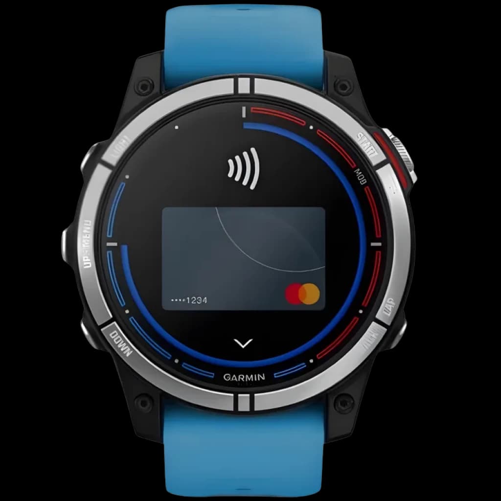 Garmin quatix 7 Standard Edition, relógio náutico com tela circular preta, aro metálico com detalhes azul e vermelho, pulseira azul e NFC visível no display
