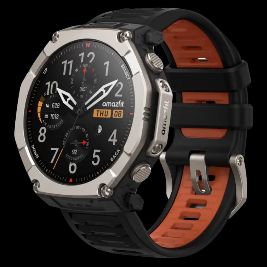 Amazfit T-Rex Ultra 2 Magma Preto com moldura metálica, bracelete preta com interior laranja, ecrã AMOLED de 1,5 polegadas, botões robustos e design resistente