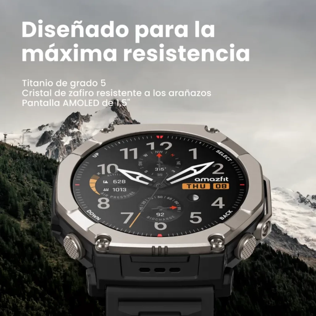 Amazfit T-Rex Ultra 2 Magma Negro con bisel metálico, correa negra con interior naranja, pantalla AMOLED 1,5 pulgadas, botones robustos y diseño resistente - Ítem1