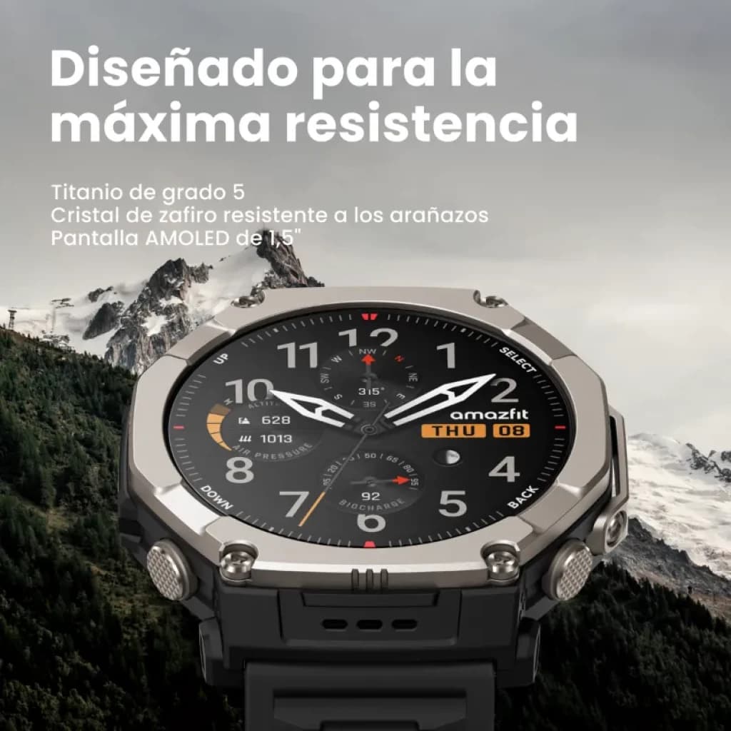 Amazfit T-Rex Ultra 2 Magma Preto com caixa em titânio cinzento, moldura robusta, ecrã AMOLED de 1,5 polegadas, bracelete preta e botões metálicos salientes