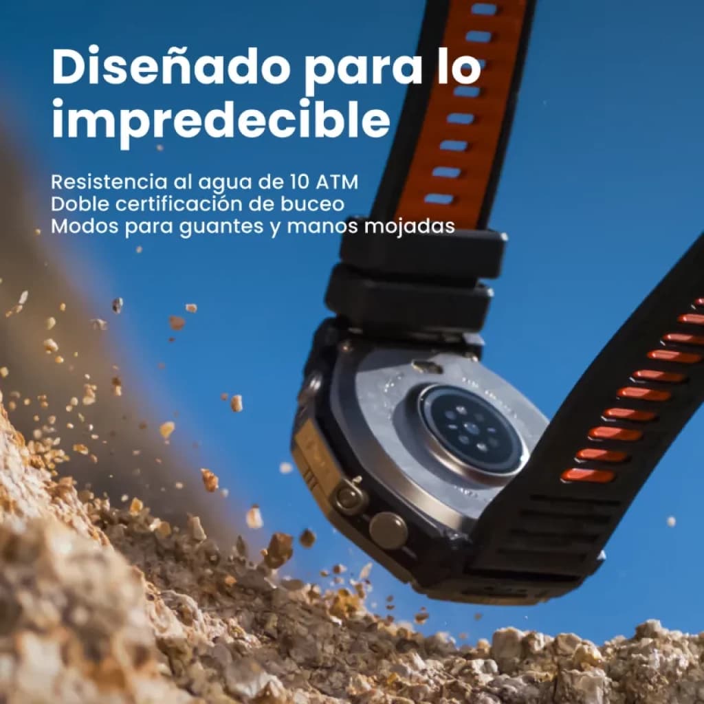 Amazfit T-Rex Ultra 2 Magma Preto, bracelete bicolor preto e laranja, caixa metálica robusta, sensores traseiros visíveis, design resistente para uso extremo