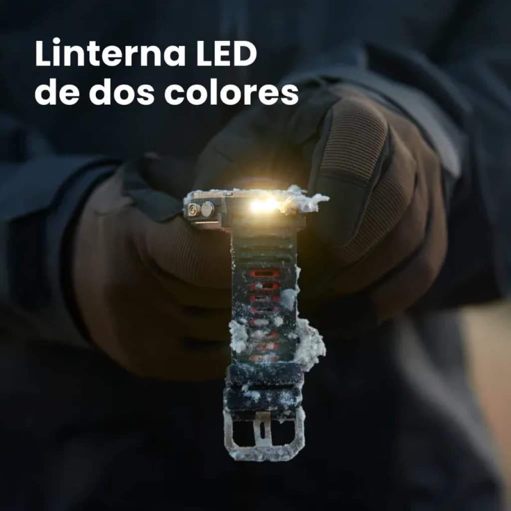 Amazfit T-Rex Ultra 2 Magma Preto com lanterna LED bicolor integrada na bracelete, design robusto com gelo, ideal para uso extremo e aventura