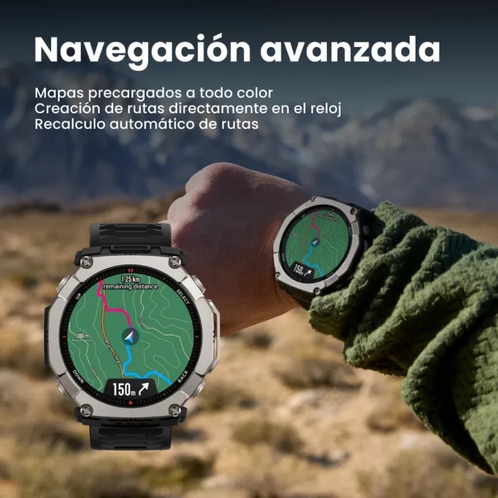 Amazfit T-Rex Ultra 2 Magma Preto com bracelete robusta, moldura metálica e ecrã AMOLED de 1,5 polegadas com mapas a cores, navegação e distância em percursos ao ar livre