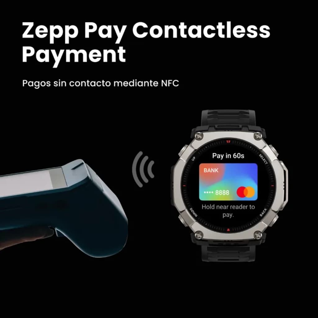 Amazfit T-Rex Ultra 2 Magma Preto com ecrã AMOLED 1,5, moldura robusta prateada, bracelete preta e pagamento sem contacto NFC visível no ecrã