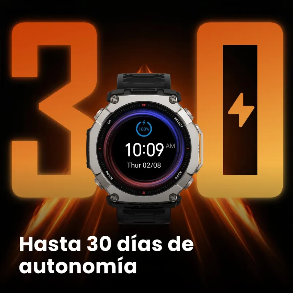 Amazfit T-Rex Ultra 2 Magma Negro con bisel metálico, correa negra con interior naranja, pantalla AMOLED 1,5 pulgadas, botones robustos y diseño resistente - Ítem6