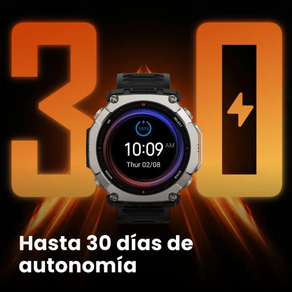 Amazfit T-Rex Ultra 2 Magma Preto com ecrã AMOLED de 1,5 polegadas, moldura metálica robusta, bracelete de silicone preta e bateria com autonomia de até 30 dias