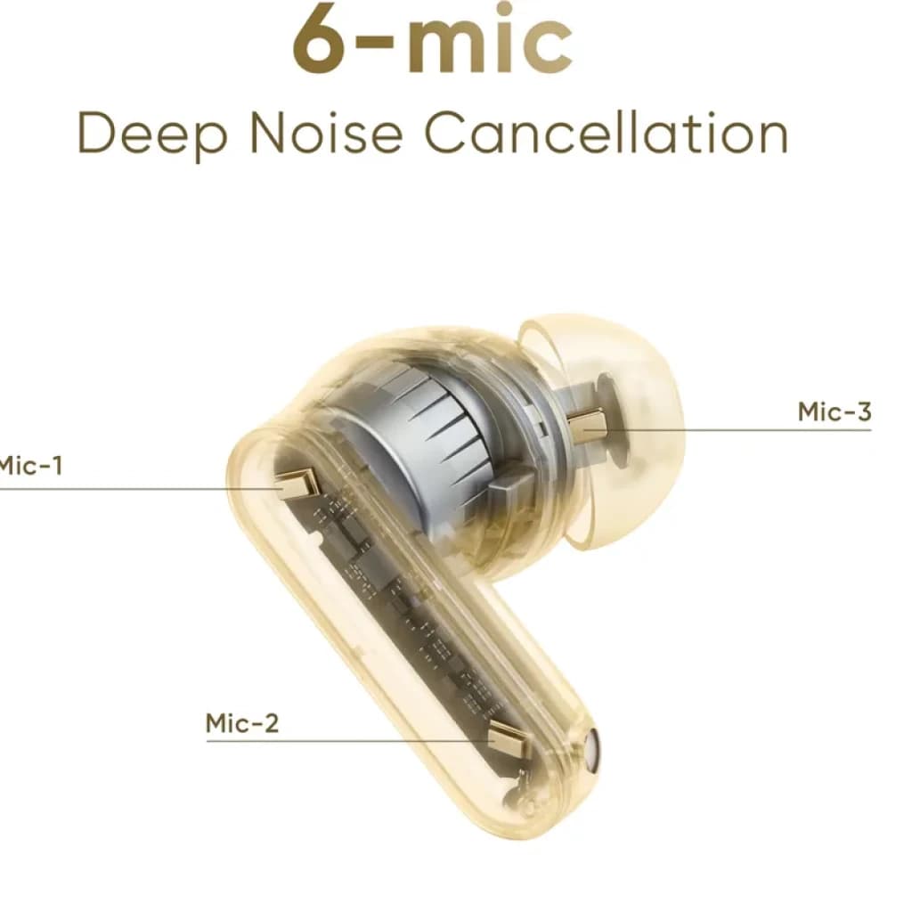 Realme Buds Air 8 TWS Gris con 6 micrófonos visibles, cápsula in-ear transparente, puntas de silicona y diseño compacto que resalta la cancelación de ruido