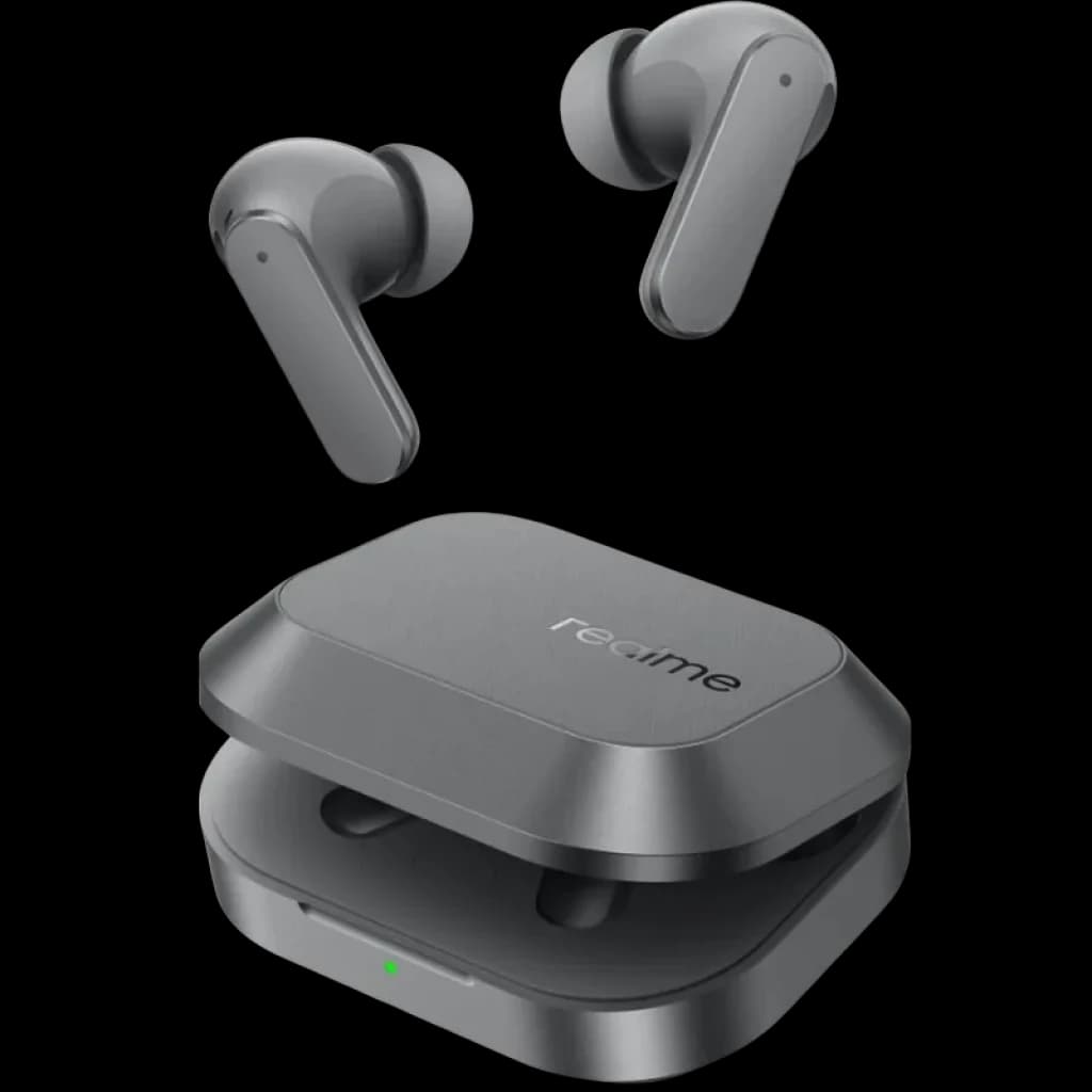 Realme Buds Air 8 TWS Gris con estuche compacto magnético, acabado metalizado, luz LED frontal y auriculares in-ear con vástago corto y puntas de silicona