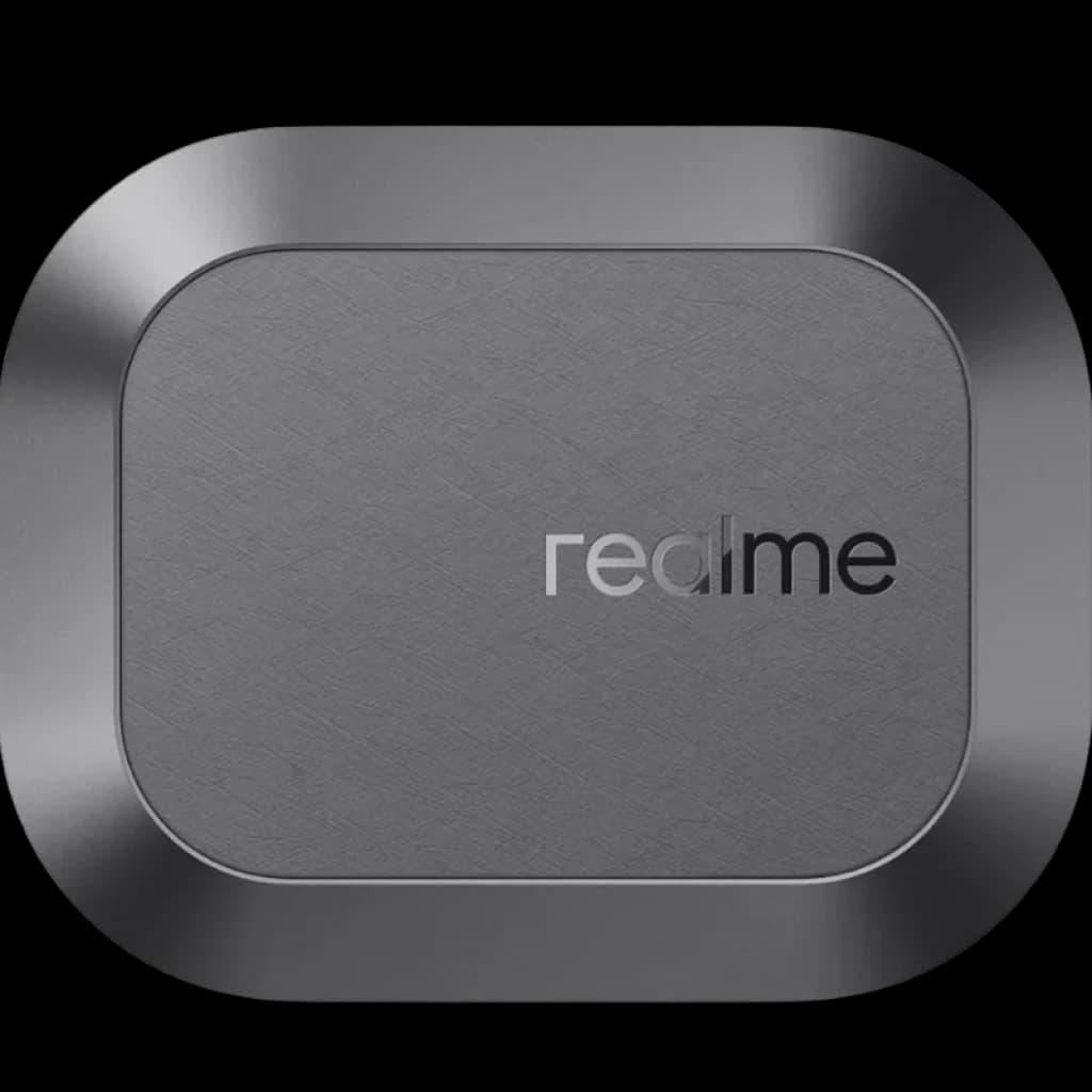 Realme Buds Air 8 TWS Gris: estuche de carga metálico gris con acabado cepillado, bordes redondeados y logo realme centrado en contraste brillante