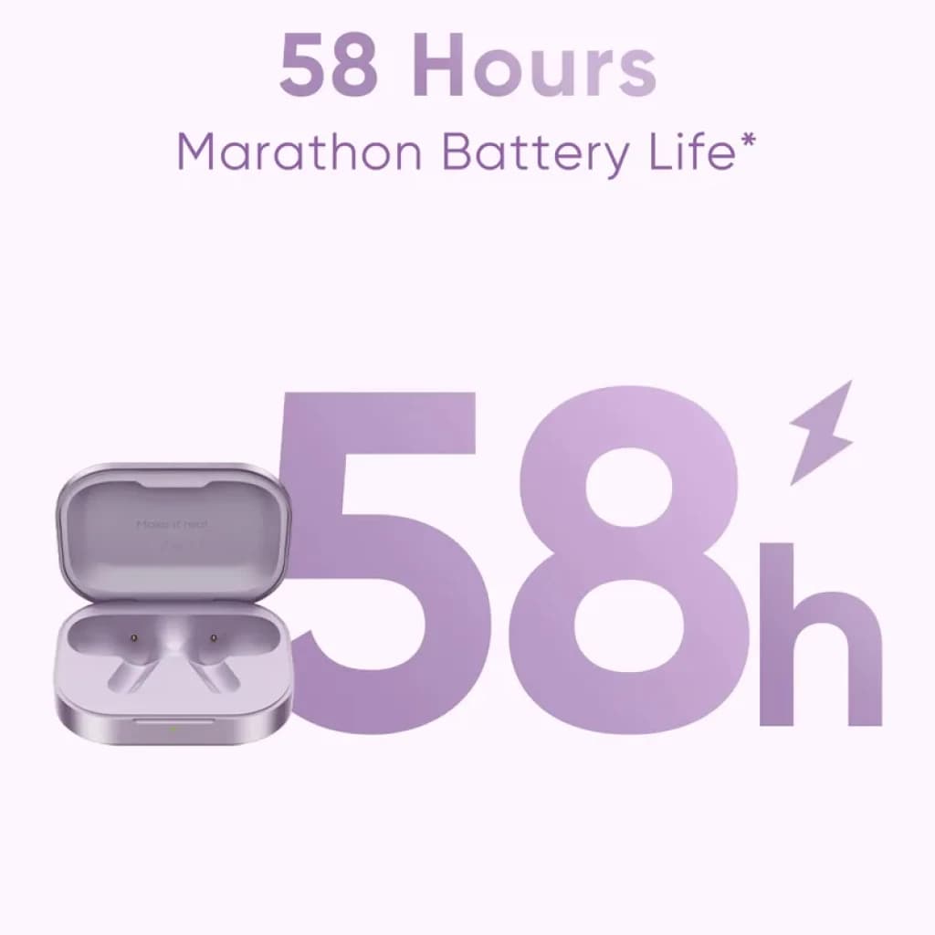 Realme Buds Air 8 TWS Gris con estuche compacto, acabado metálico lila y auriculares in-ear; destaca 58 h de batería en grande y rayo de energía