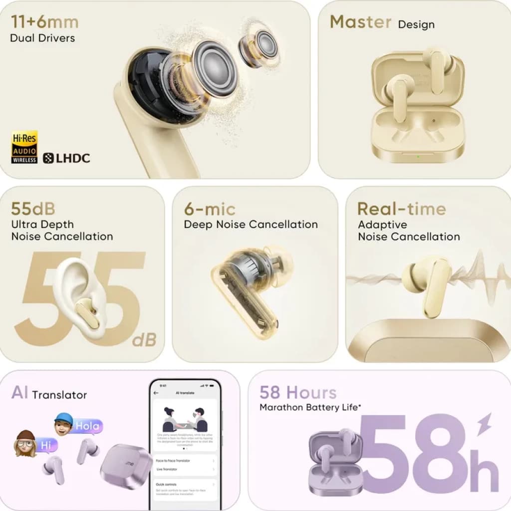 Realme Buds Air 8 TWS dorado: diseño compacto con estuche, drivers duales 11+6 mm, ANC 55 dB, 6 micrófonos, audio Hi-Res LHDC y hasta 58 h de batería