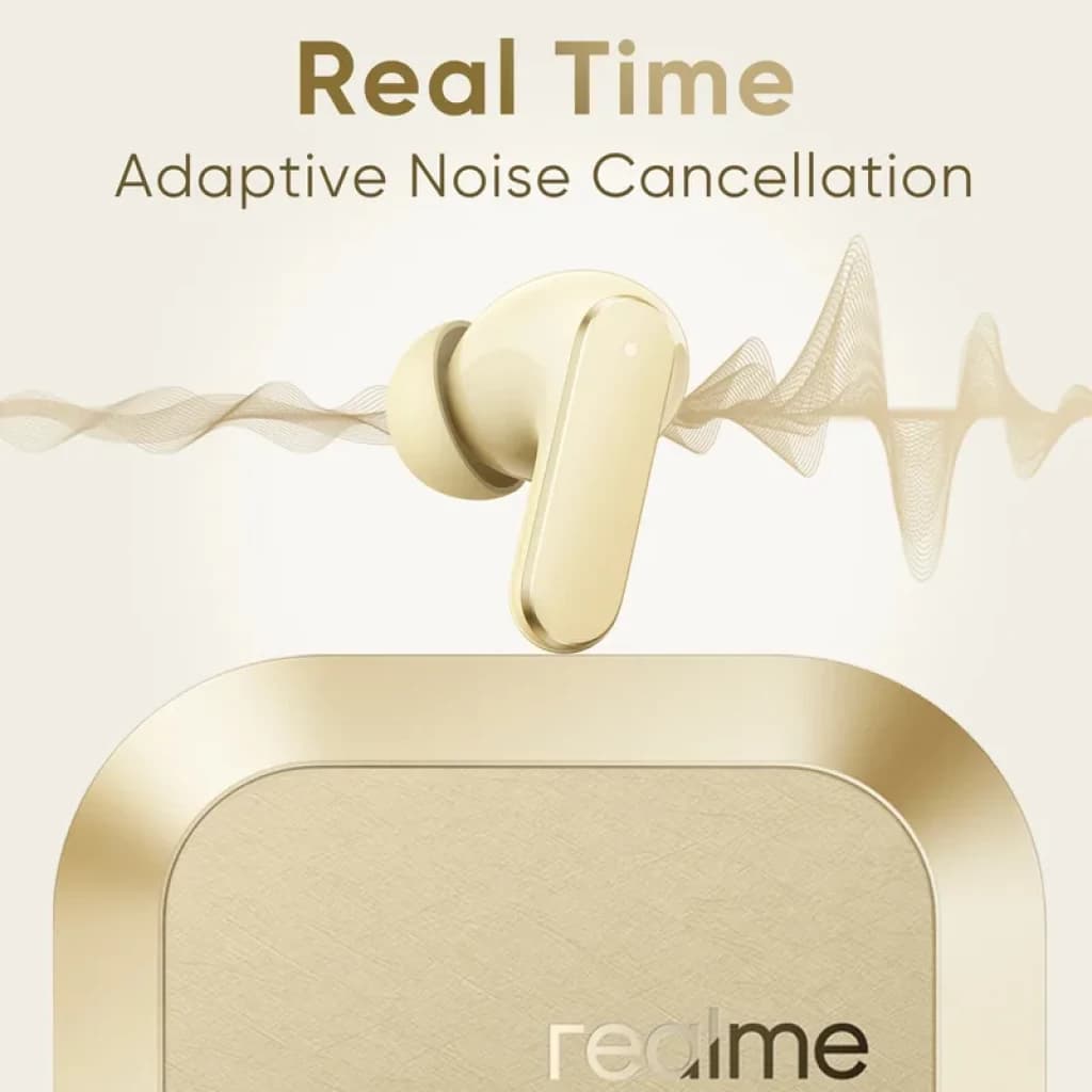 Realme Buds Air 8 TWS dorado con estuche a juego, diseño in-ear con vástago corto, acabado metálico mate y ANC adaptativa en tiempo real