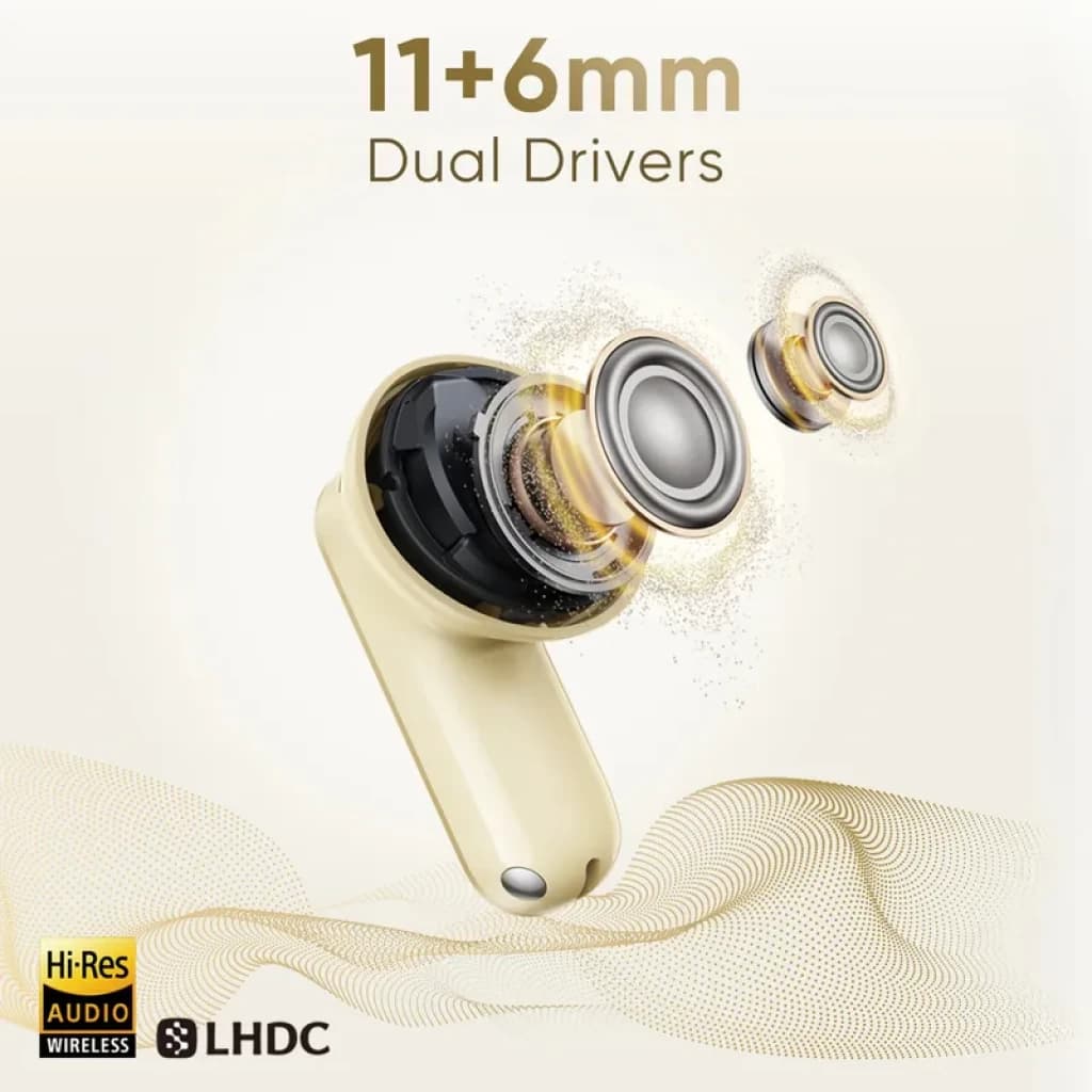 Realme Buds Air 8 TWS Dorado con drivers duales 11+6 mm, diseño in-ear elegante en dorado, destaca cápsula acústica y diafragmas flotantes en explosión