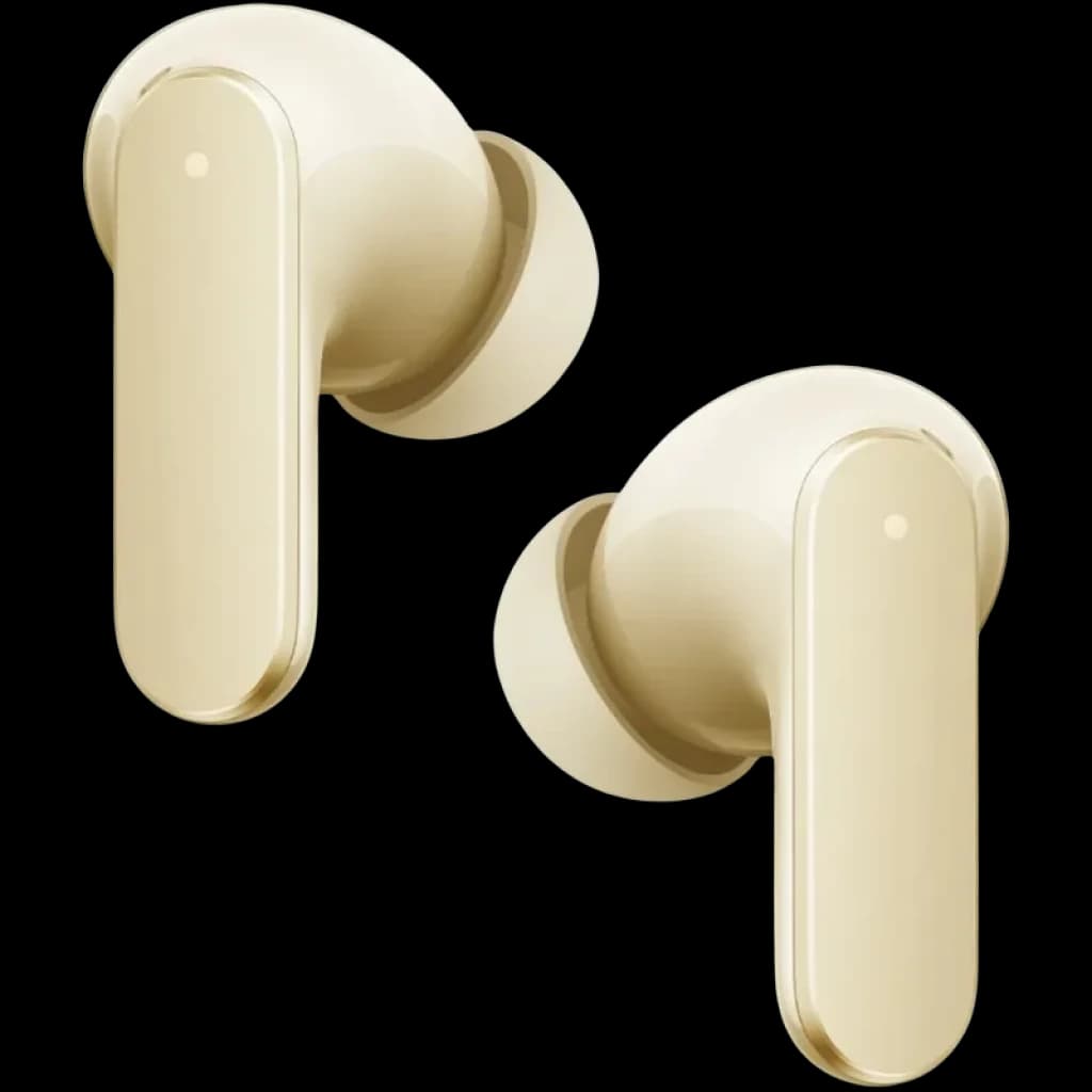 Auriculares in-ear Realme Buds Air 8 TWS dorado con acabado brillante, cuerpo compacto y almohadillas de silicona; diseño estilizado con vástago corto