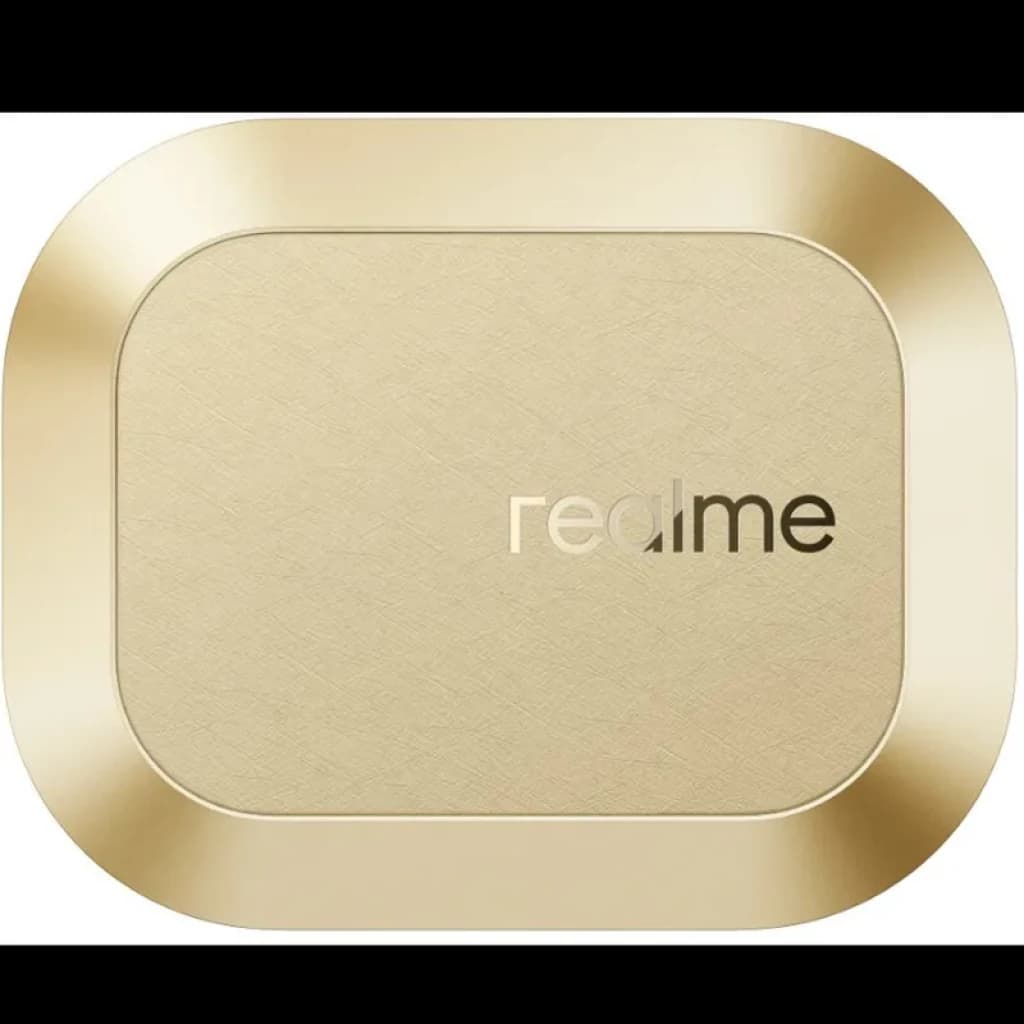 Estuche dorado compacto Realme Buds Air 8 con acabado cepillado y logo centrado realme, bordes redondeados y diseño premium ideal para auriculares TWS