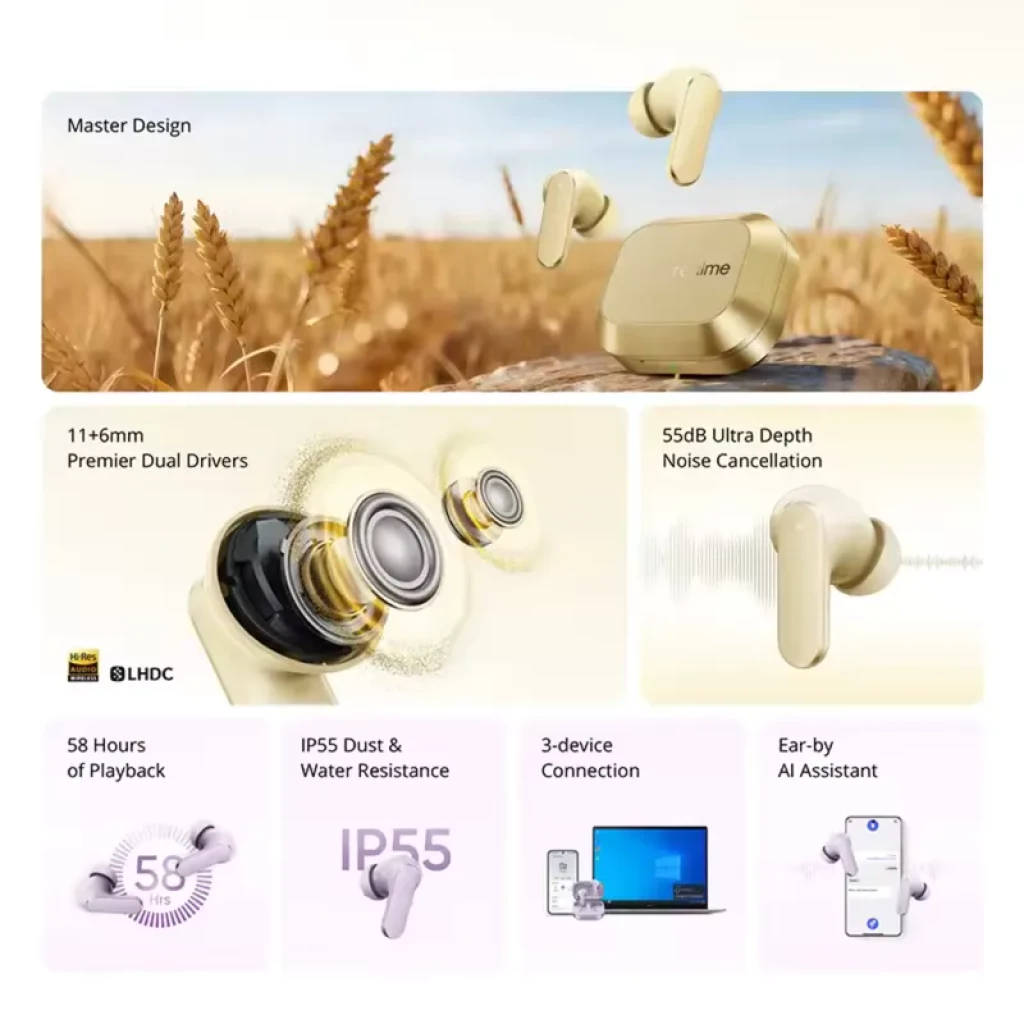 Realme Buds Air 8 TWS Roxo - Auriculares Bluetooth, ANC 55dB, Hi-Res LHDC 5.0, Conexão Tripla - Item3