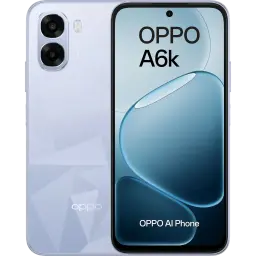 OPPO A6k bleu avec écran bord à bord, double module photo arrière proéminent, façade avec perçage central et dos géométrique brillant élégant