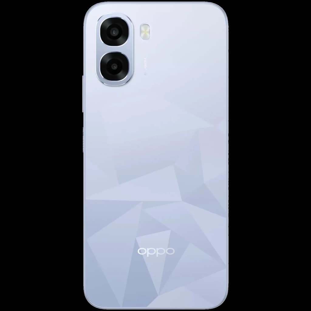 Dos de smartphone OPPO bleu pâle avec motif géométrique mat, module photo double grand format et logo OPPO centré en bas