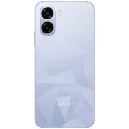 Dos de smartphone OPPO bleu pâle avec motif géométrique mat, module photo double grand format et logo OPPO centré en bas