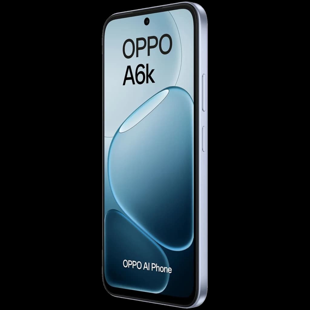 OPPO A6k bleu avec écran bord à bord poinçon centré, cadre métallique argenté, boutons latéraux discrets, design épuré et reflets glossy modernes