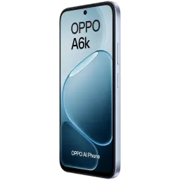 OPPO A6k bleu avec écran bord à bord poinçon centré, cadre métallique argenté, boutons latéraux discrets, design épuré et reflets glossy modernes