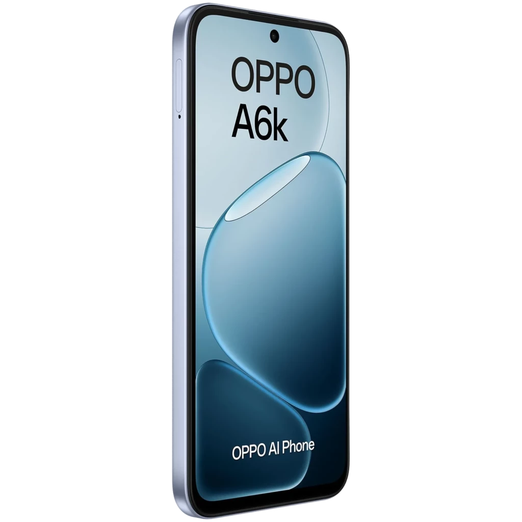 OPPO A6k azul com tela ampla de bordas finas, câmera dupla traseira saliente e acabamento geométrico brilhante; frontal com furo central para câmera - Item3