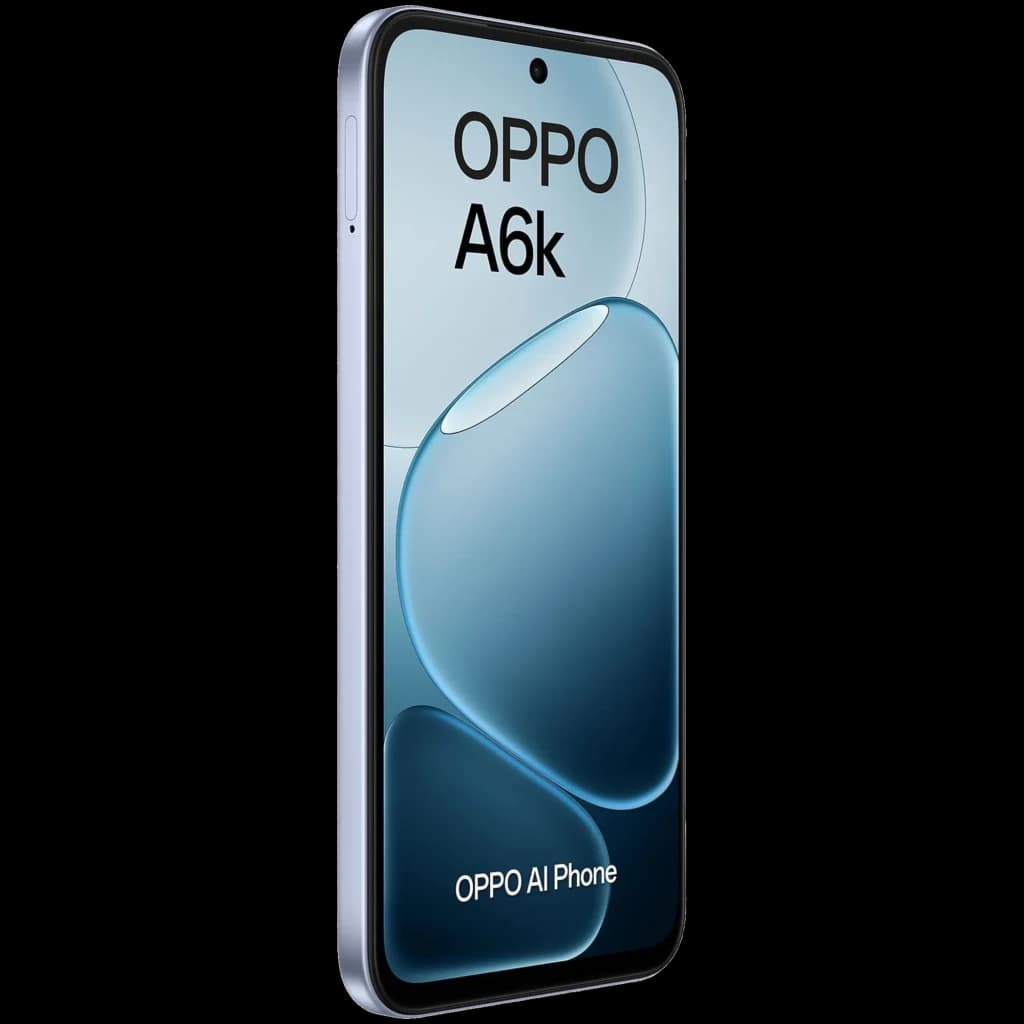 OPPO A6k bleu avec écran bord à bord perforé au centre, bords fins argentés, profil mince et reflets dégradés bleus sur la façade